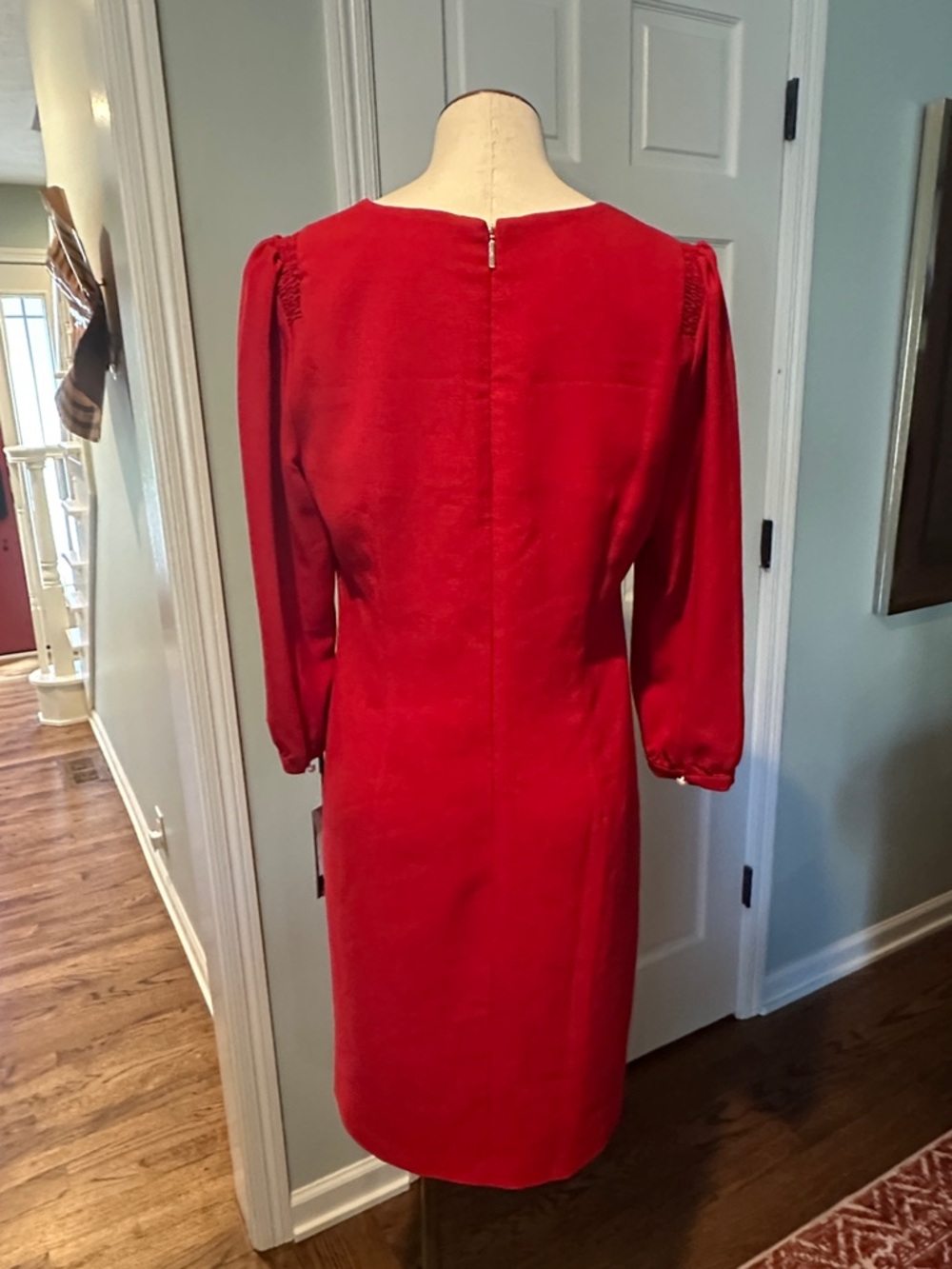NWT Karl Lagerfeld Sz 10 Red Shift Dress Notch Neckline Long Sleeves - Picture 5 of 8